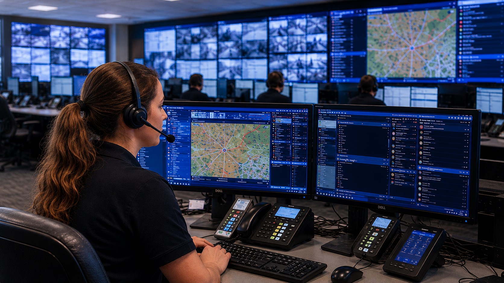 Public safety communications center with telecommunicators at workstations